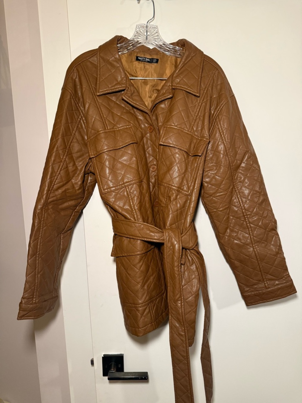 Nasty Gal Quilted Tan Faux-Leather Utility Jacket with Belt